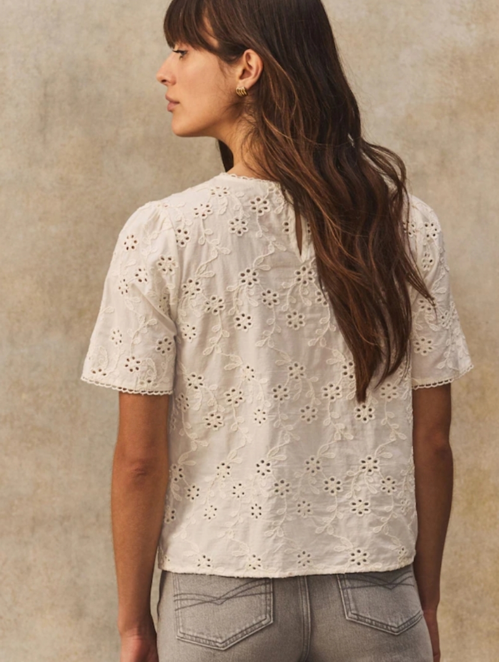 OAK + FORT Cream Eyelet Broderie Anglaise Floral Short Sleeve Blouse
